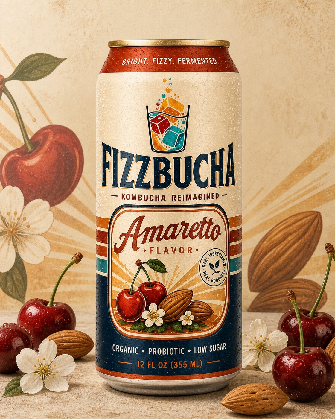 Fizzbucha Amaretto Kombucha can