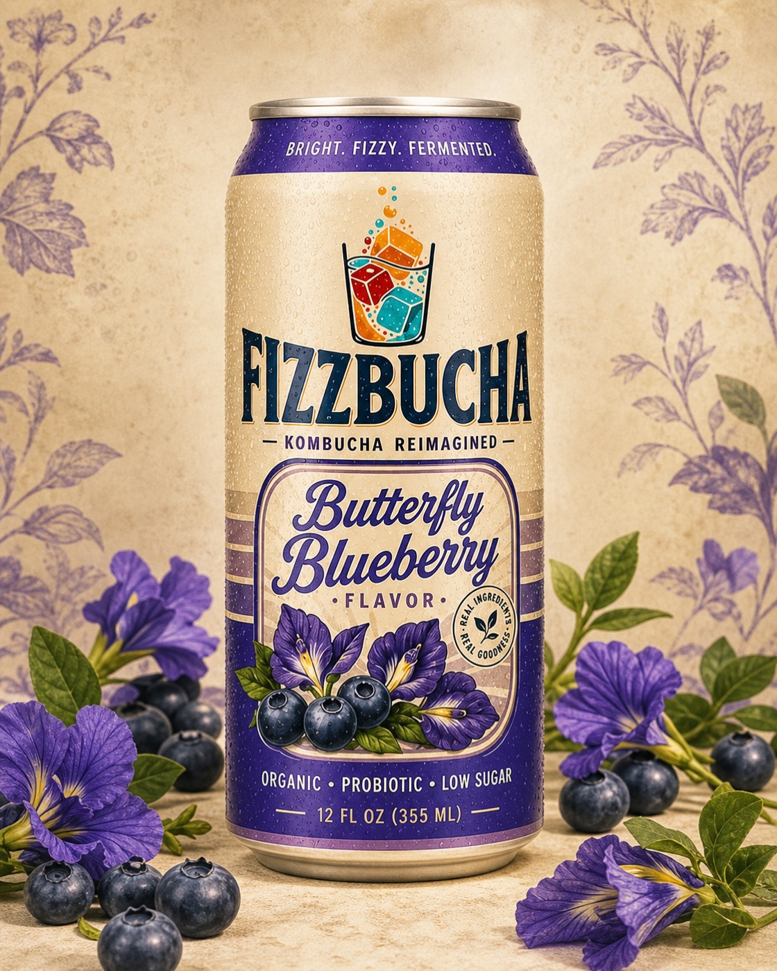 Fizzbucha Butterfly Blueberry Kombucha can